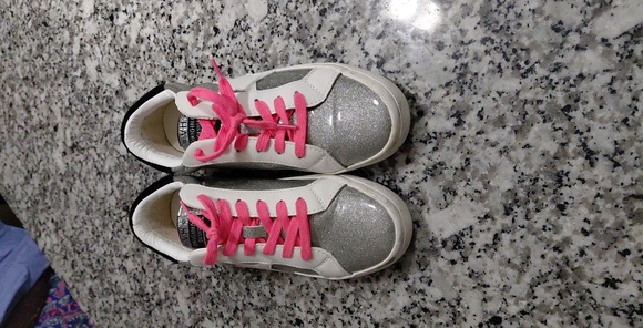 Shoes - Silver and White Sneakers with Pink Laces